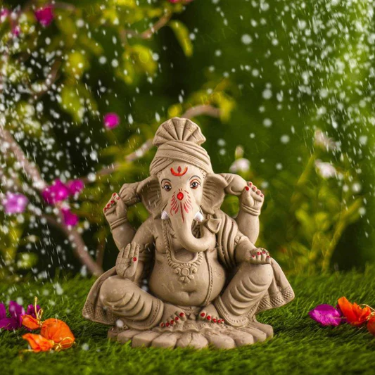 An eco-conscious decor arrangement featuring a clay Ganesha idol, surrounded by natural elements like leaves, twigs, and recycled paper decorations.