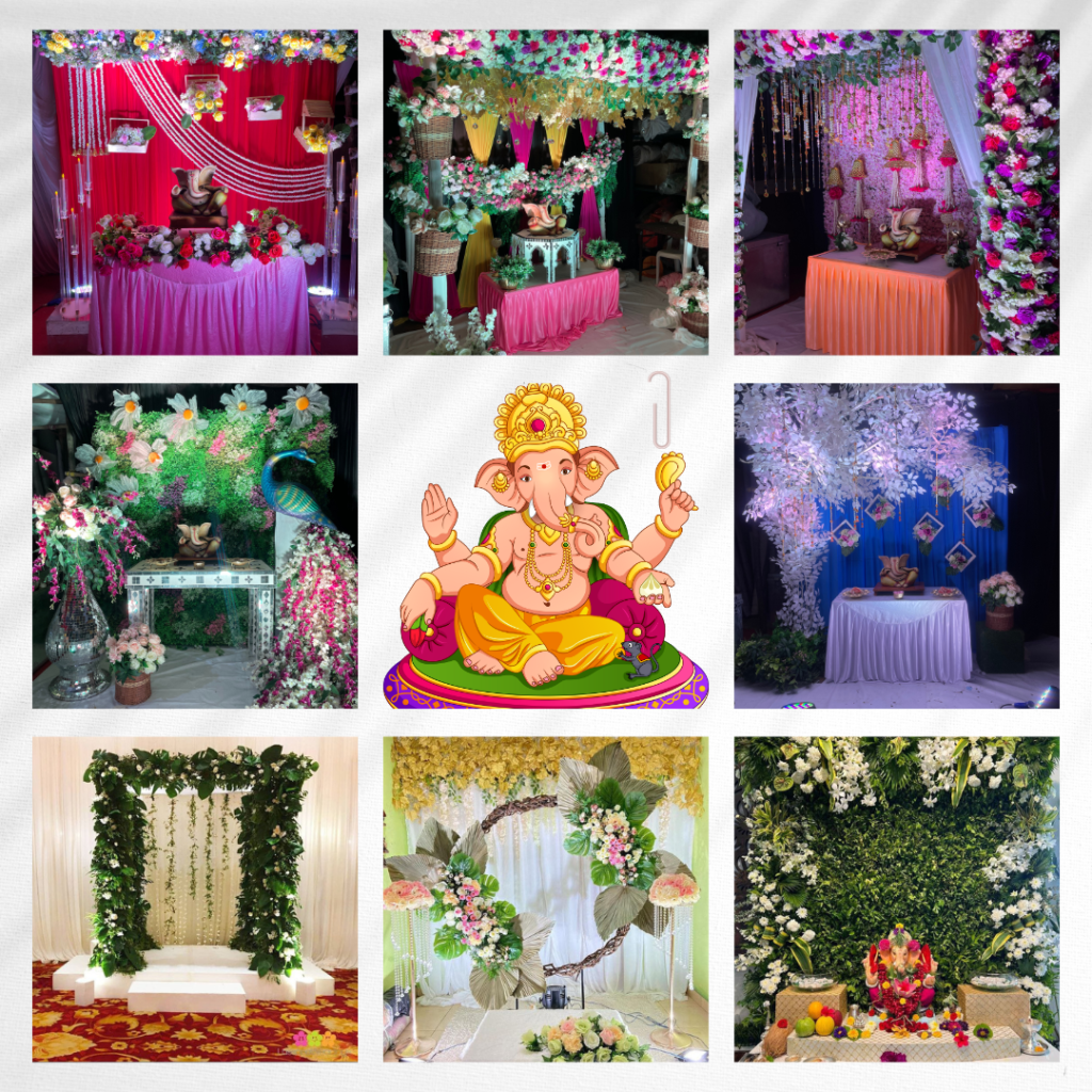 Ganesh Chaturthi decorations by Plan It Out showcasing vibrant floral arrangements and elegant setups for a festive celebration.