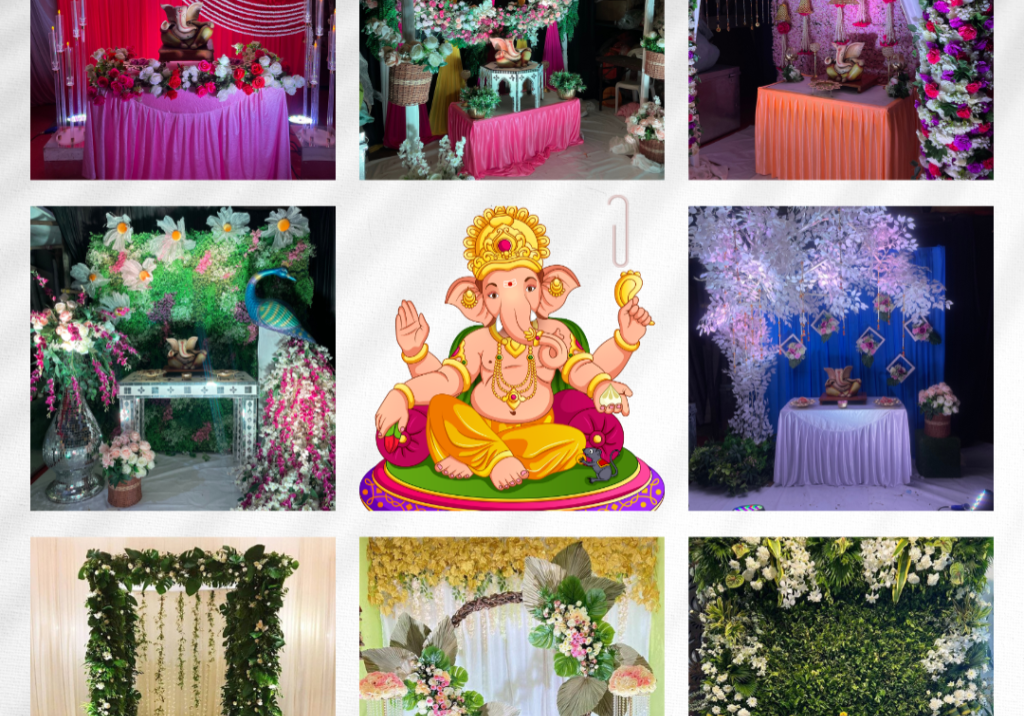 Ganesh Chaturthi decorations by Plan It Out showcasing vibrant floral arrangements and elegant setups for a festive celebration.
